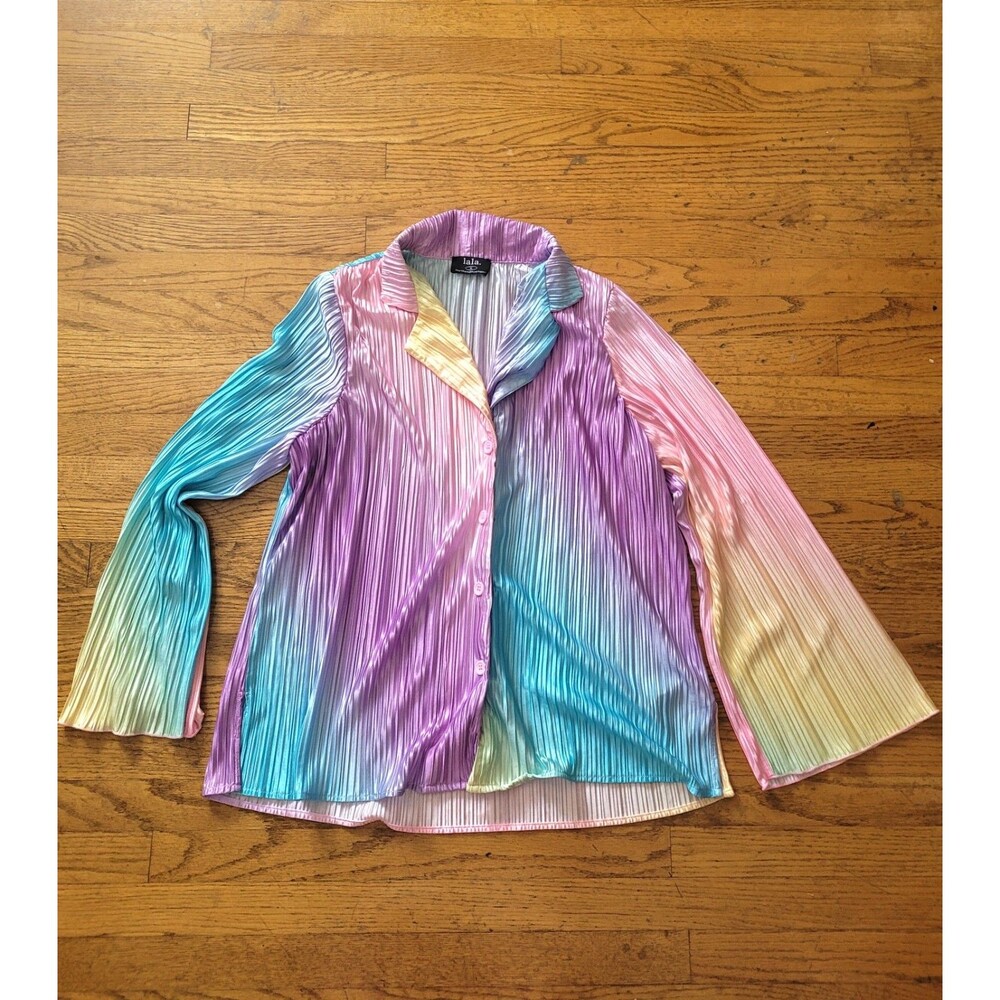 Dressed in Lala Notched Collar Plisse Rainbow Pleated Long Sleeve Top Medium
